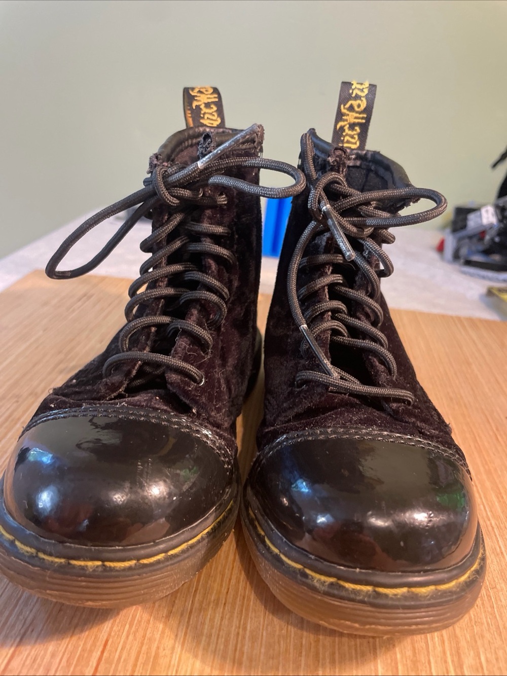 Dr. Martens Black Velvet Boots with Patent Toe